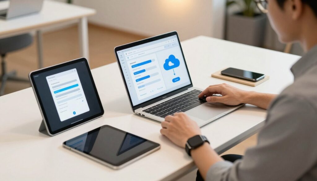 A person using multiple devices to back up data, representing GotBackup's multi-device backup services