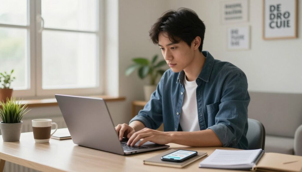 Person completing online surveys and microtasks to make money from home