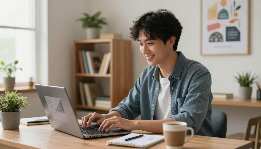 person starting online side hustle at home