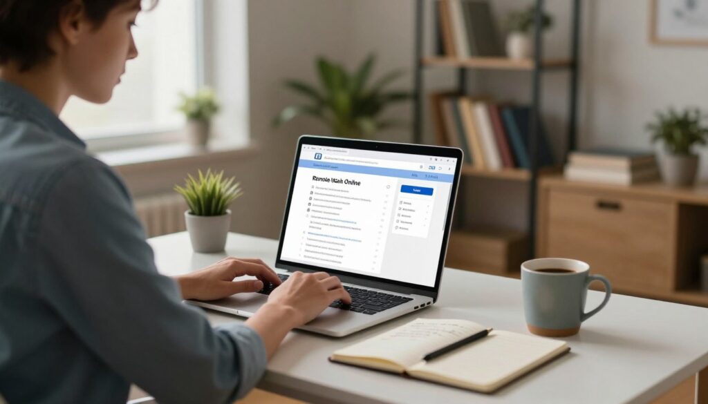 person working from home on laptop with work from home jobs on screen