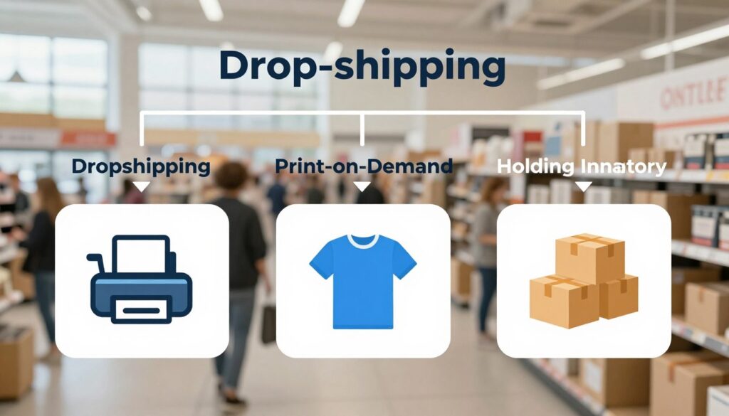 A graphic showing a comparison of e-commerce models: Dropshipping, Print-on-Demand, and Holding Inventory. A graphic showing a comparison of e-commerce models: Dropshipping, Print-on-Demand, and Holding Inventory.