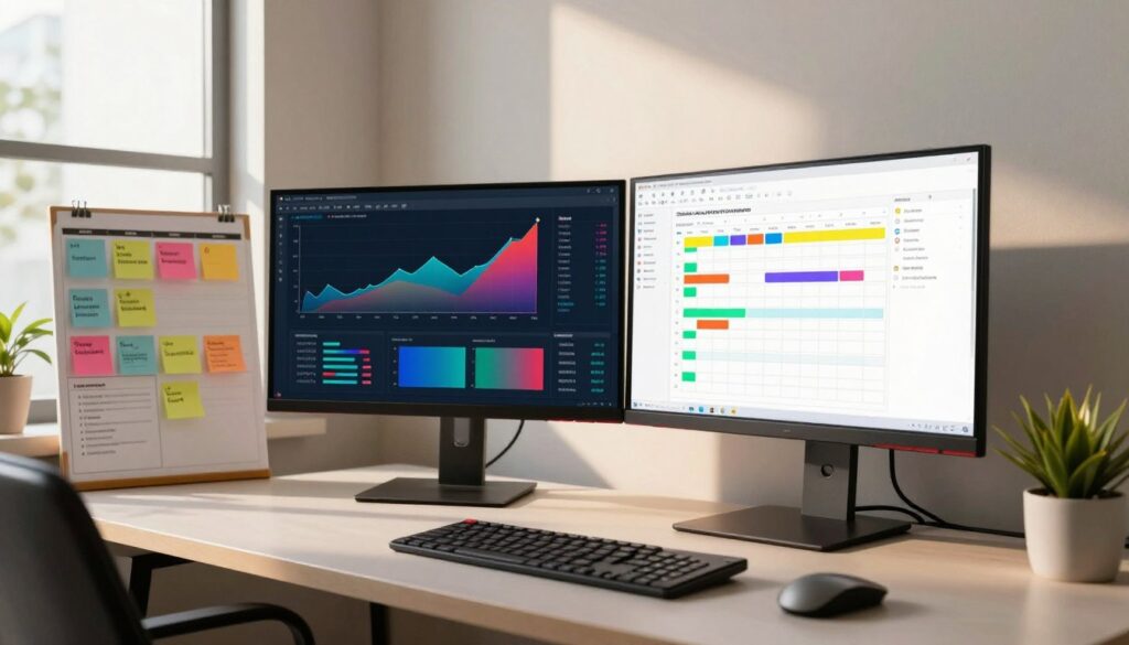 A modern, organized digital workspace with multiple screens showing analytics, a content calendar, and a project management board, symbolizing the tools needed to earn money from home. A modern, organized digital workspace with multiple screens showing analytics, a content calendar, and a project management board, symbolizing the tools needed to earn money from home.