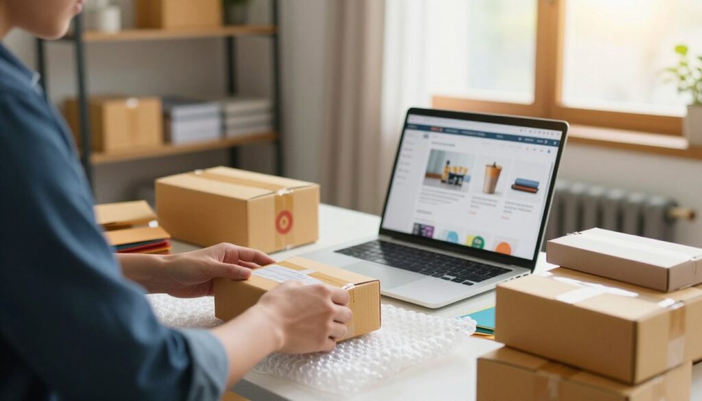A person managing an online store and packaging products at home for an online business A person managing an online store and packaging products at home for an online business