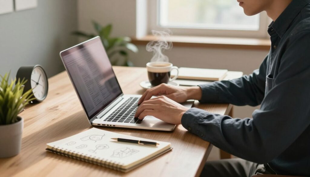 A person working from home with a laptop, coffee, and a notepad, symbolizing the tools for online work A person working from home with a laptop, coffee, and a notepad, symbolizing the tools for online work