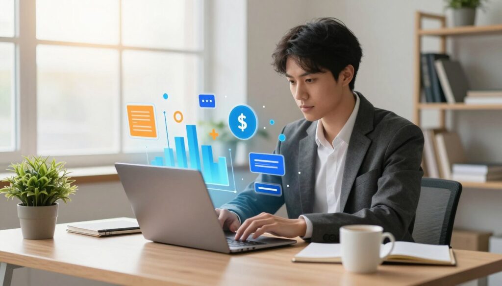 A person working on a laptop at home, visualizing the concept of passive income streams from digital assets and affiliate marketing A person working on a laptop at home, visualizing the concept of passive income streams from digital assets and affiliate marketing