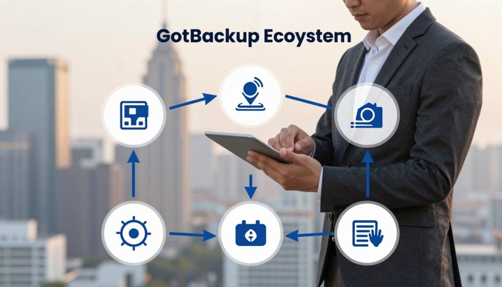 Advanced income strategies and GotBackup ecosystem diagram showing multiple income streams.