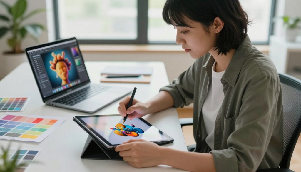 Artist working on a digital tablet creating 3D models and stock photos for royalty income Artist working on a digital tablet creating 3D models and stock photos for royalty income