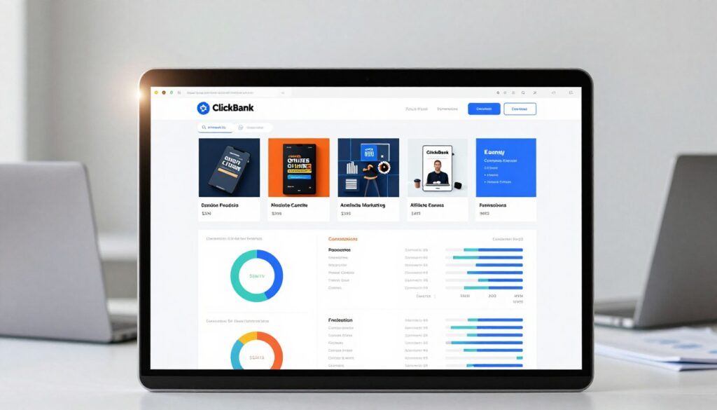 ClickBank affiliate marketing dashboard showing digital products and commissions ClickBank affiliate marketing dashboard showing digital products and commissions