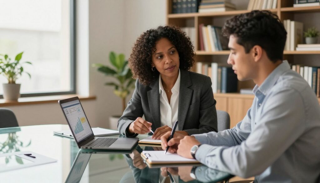 Coach or consultant guiding a client in a professional setting, representing expertise licensing for residual income online Coach or consultant guiding a client in a professional setting, representing expertise licensing for residual income online