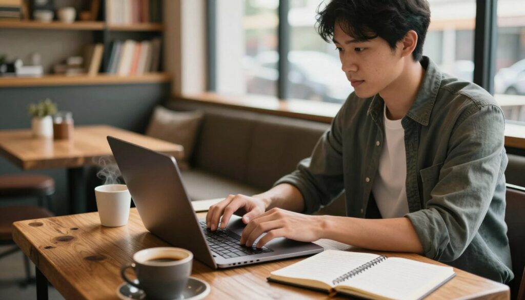 Freelancer working on a laptop at a coffee shop, representing the freedom of online freelancing Freelancer working on a laptop at a coffee shop, representing the freedom of online freelancing