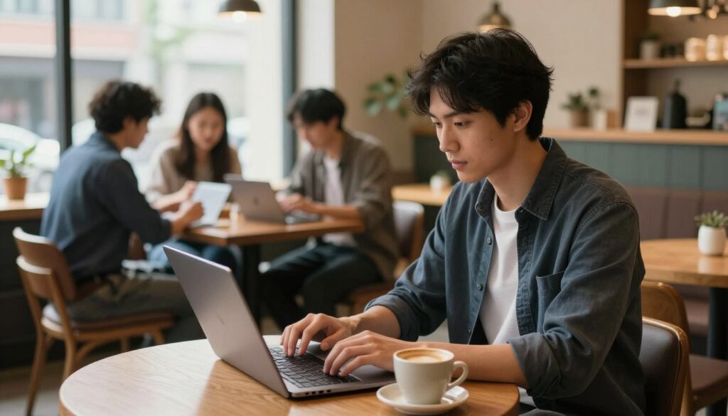 Freelancer working on a laptop in a coffee shop, representing the freelancing lifestyle Freelancer working on a laptop in a coffee shop, representing the freelancing lifestyle