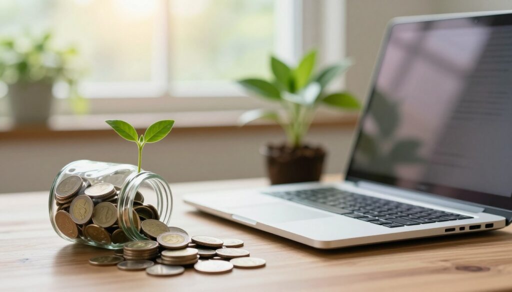 Passive income opportunity with laptop and plant growing from coins