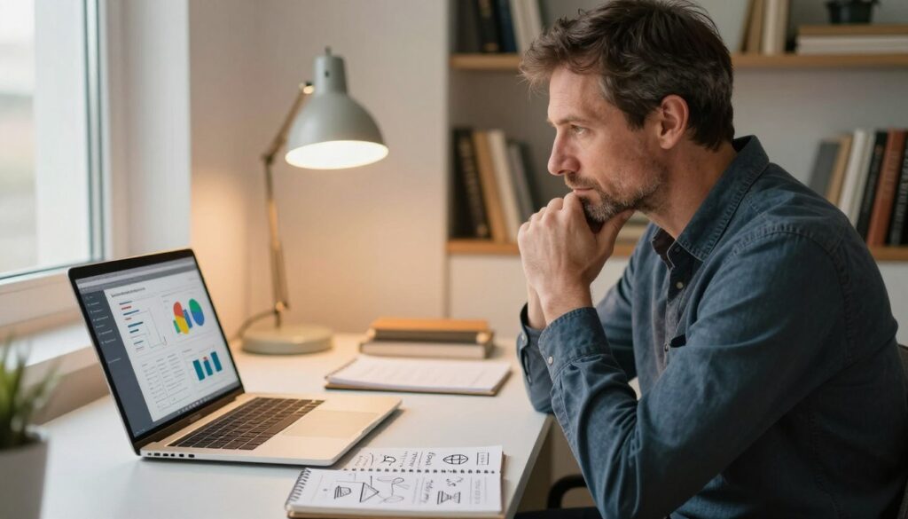 Person brainstorming online income ideas on a laptop and notepad