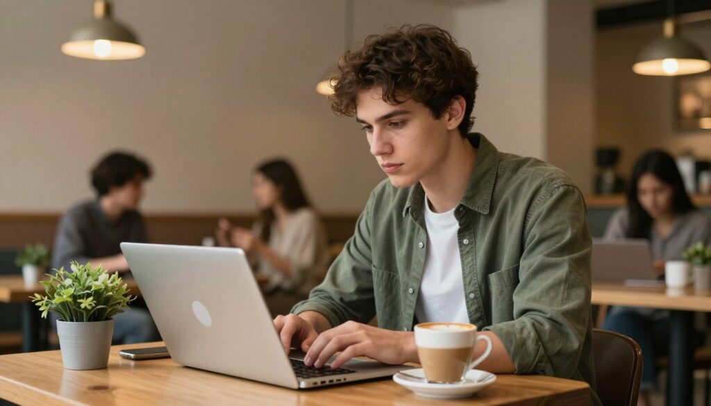 Person making money online from a laptop at a coffee shop Person making money online from a laptop at a coffee shop