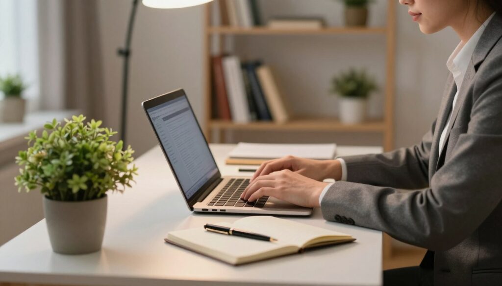 Person working from a laptop at a tidy home office desk with a plant and notebook Person working from a laptop at a tidy home office desk with a plant and notebook