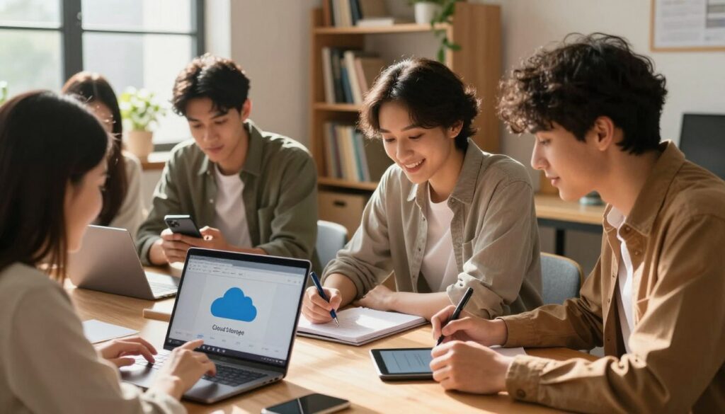student cloud storage collaboration on mobile and laptop